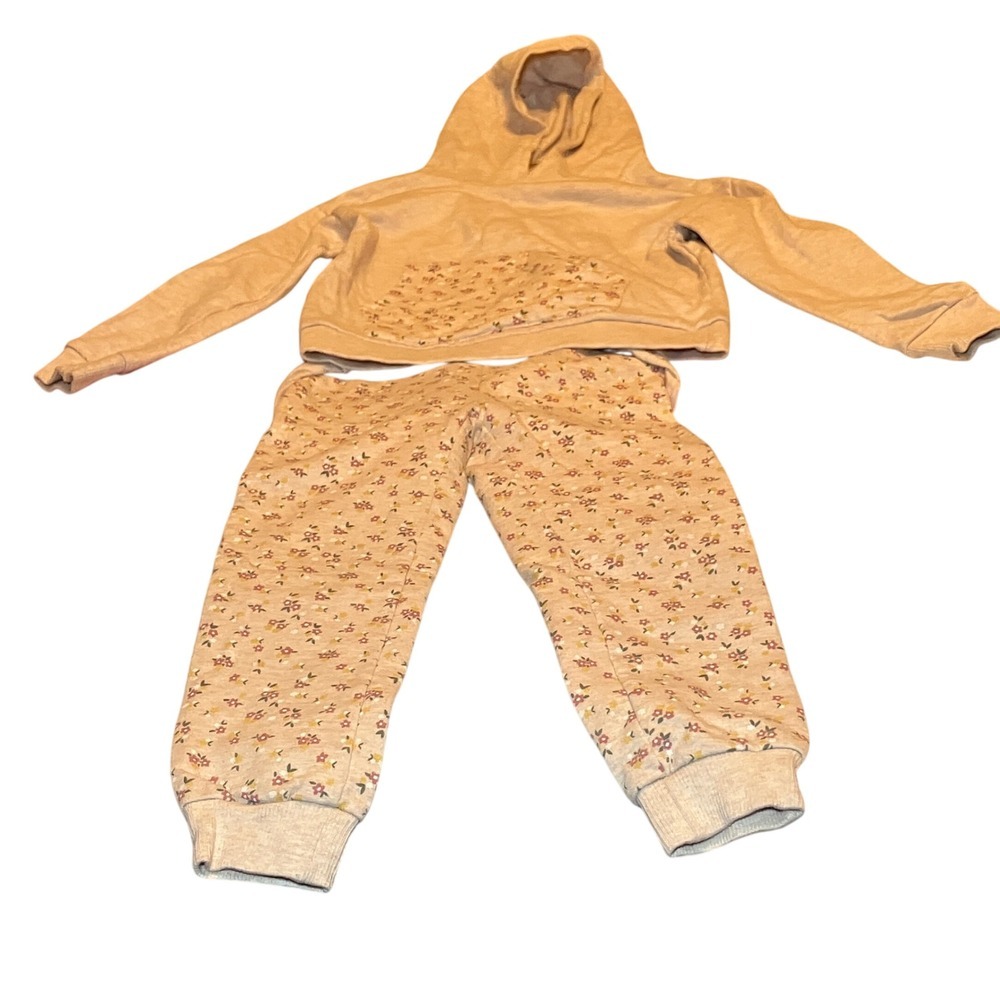 Girls Size 4T Cheerful Floral Print With Pockets Hoodie Sweatpants Set Tan Beige
